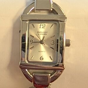WORKING woman's Gruen By Embassy Silver Tank Black Band Cuff Watch